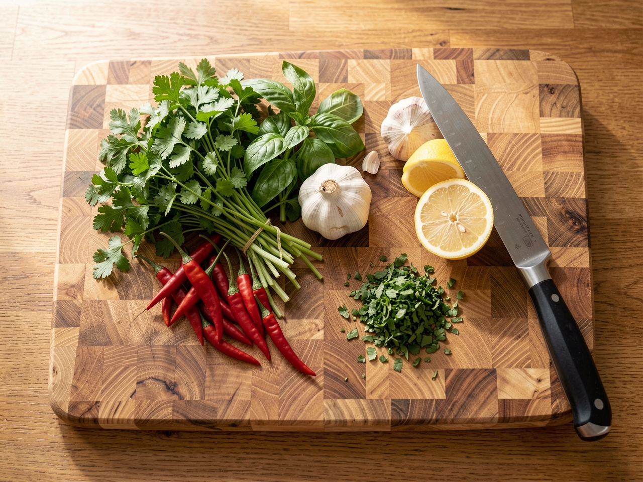 Fresh herbs, garlic, chilies and a chef's knife on a wooden chopping board