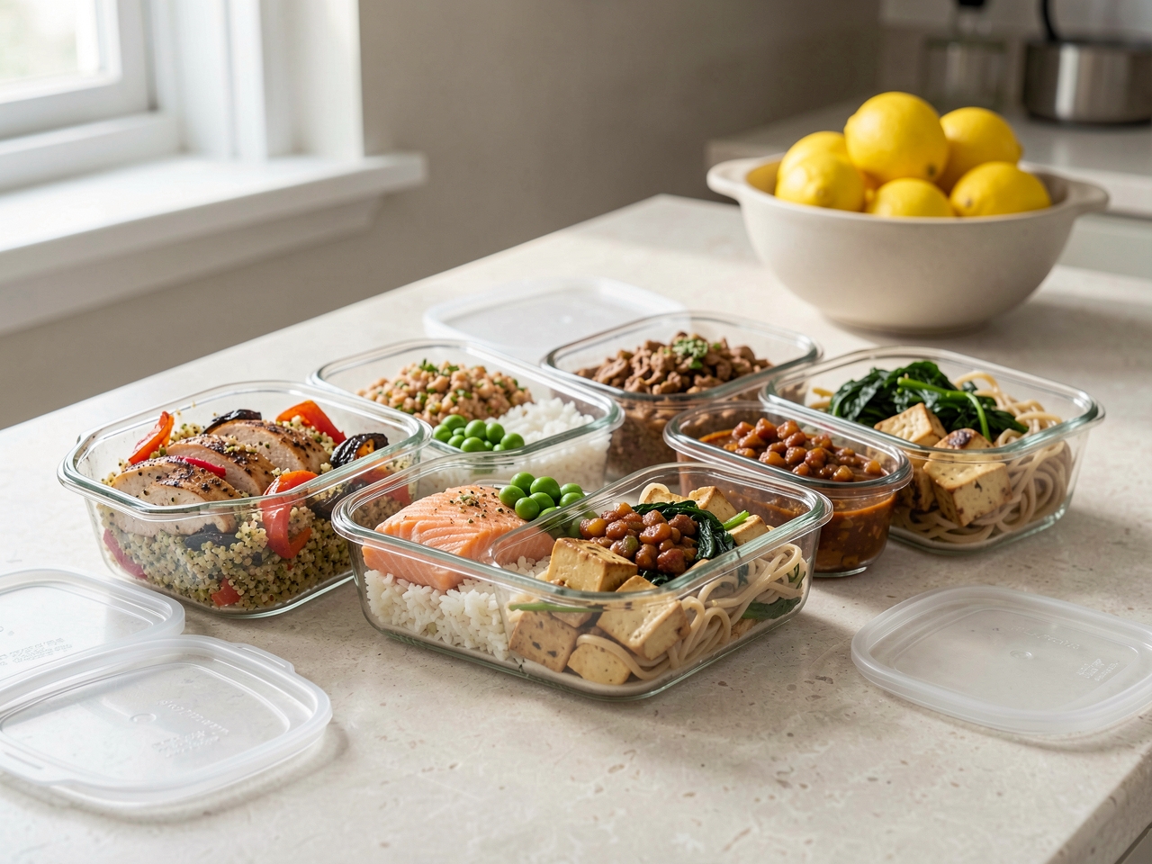Glass meal-prep containers of grilled chicken, salmon, chili and tofu dinners lined up on a counter