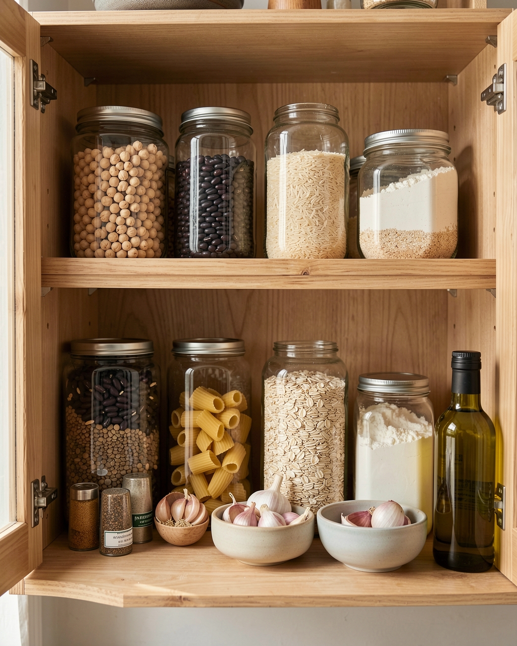 Open pantry shelves with glass jars of beans, rice, pasta, oats and spices