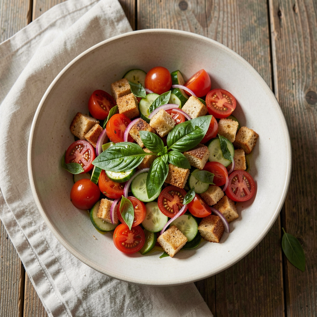 Tomato and bread panzanella salad with basil in a wide bowl