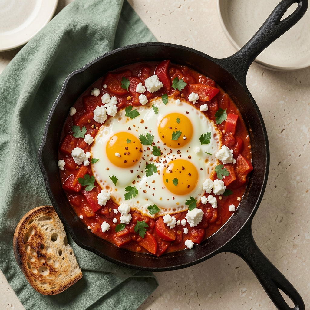 Shakshuka with eggs in a cast-iron skillet with herbs, feta and bread