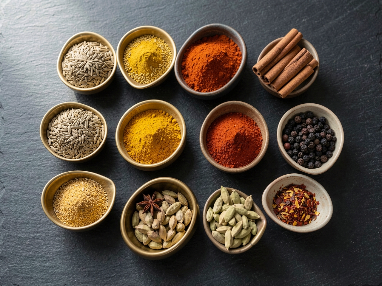 Small bowls of whole and ground spices: cumin, turmeric, paprika, cinnamon and star anise