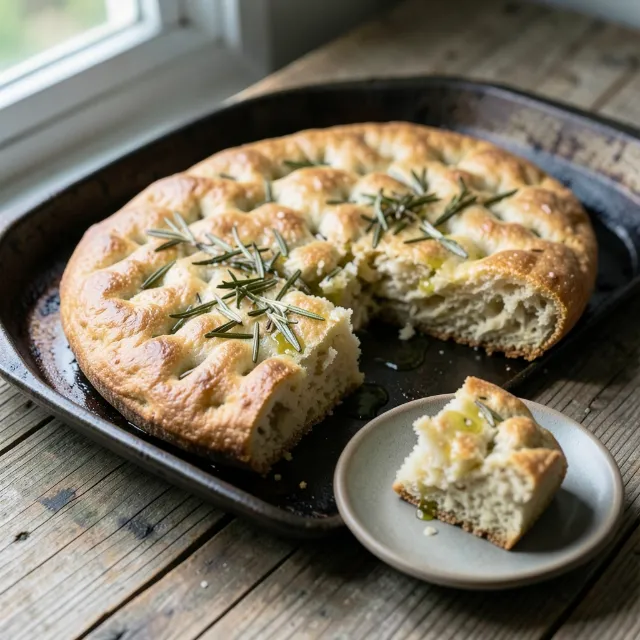Rosemary focaccia in a baking pan, one square cut out