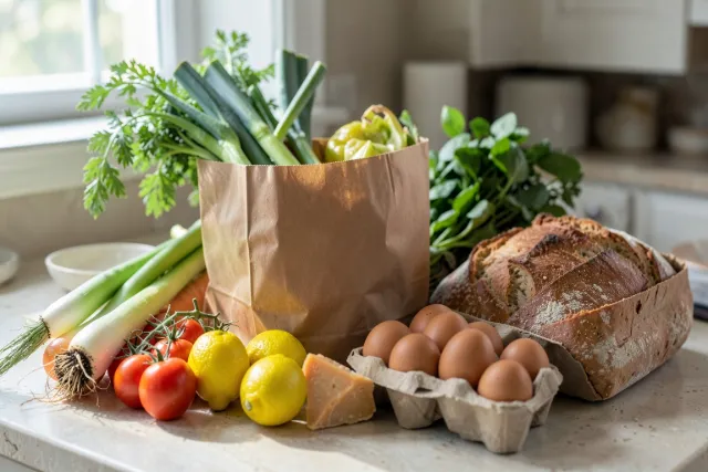 A paper grocery bag on a kitchen counter with leeks, tomatoes on the vine, lemons, carrots, eggs and bread