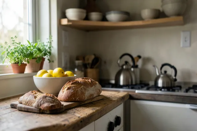 A calm home kitchen in morning light with a bowl of lemons, herbs on the sill and a kettle