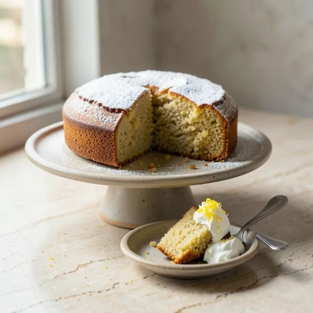 A lemon olive oil cake on a stand with one slice served on a plate
