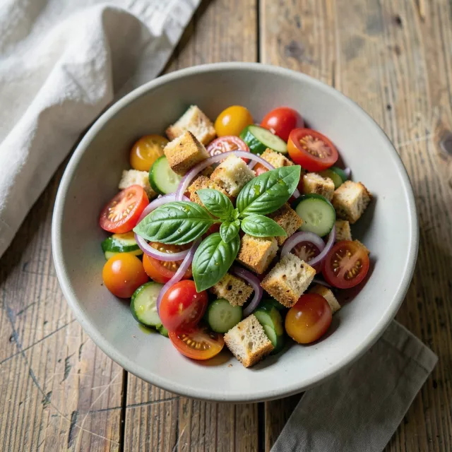 Tomato and bread panzanella salad with basil in a wide bowl
