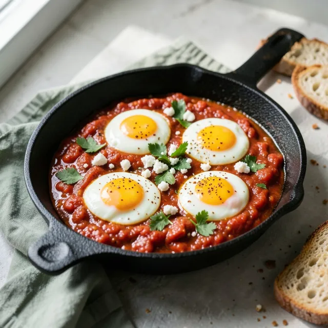 Shakshuka with eggs in a cast-iron skillet with herbs, feta and bread