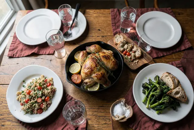 A weeknight dinner table from above: chicken in a skillet, a grain salad, greens and bread