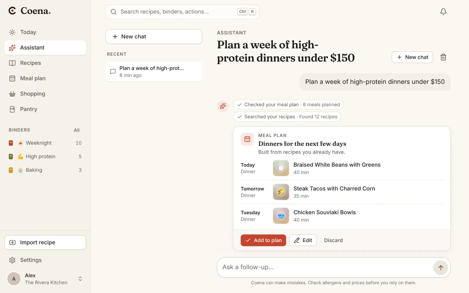 The AI planner answering a request with a proposed meal plan