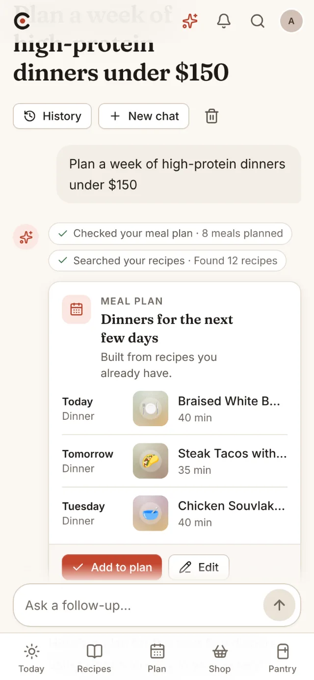 The AI planner answering a request with a proposed meal plan