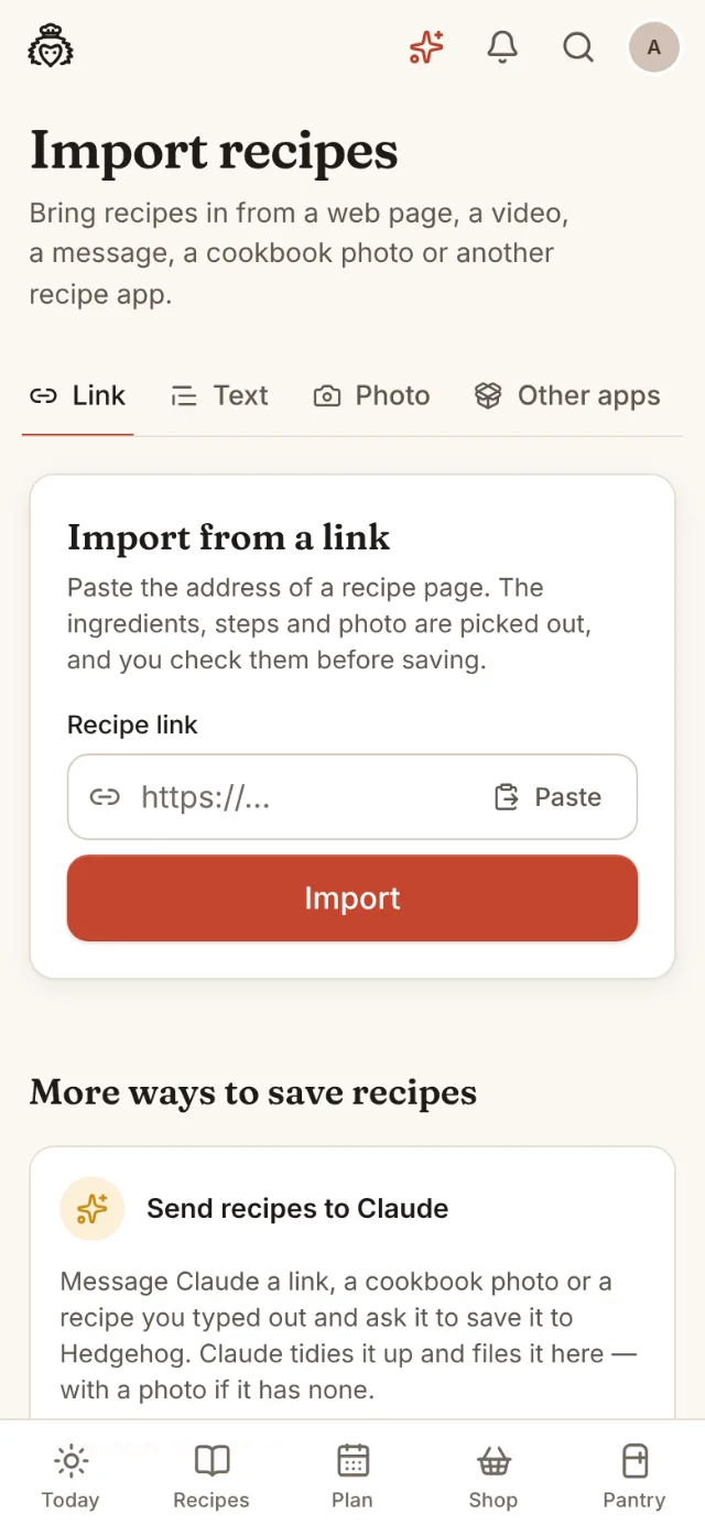 The import page on a phone, with a field to paste a recipe link