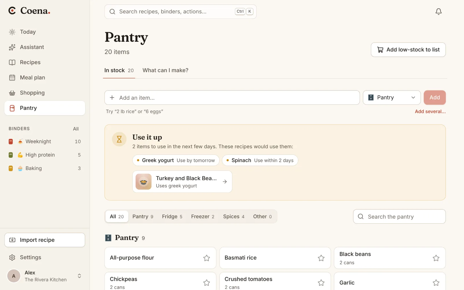 The pantry by location with expiry dates and What can I make?