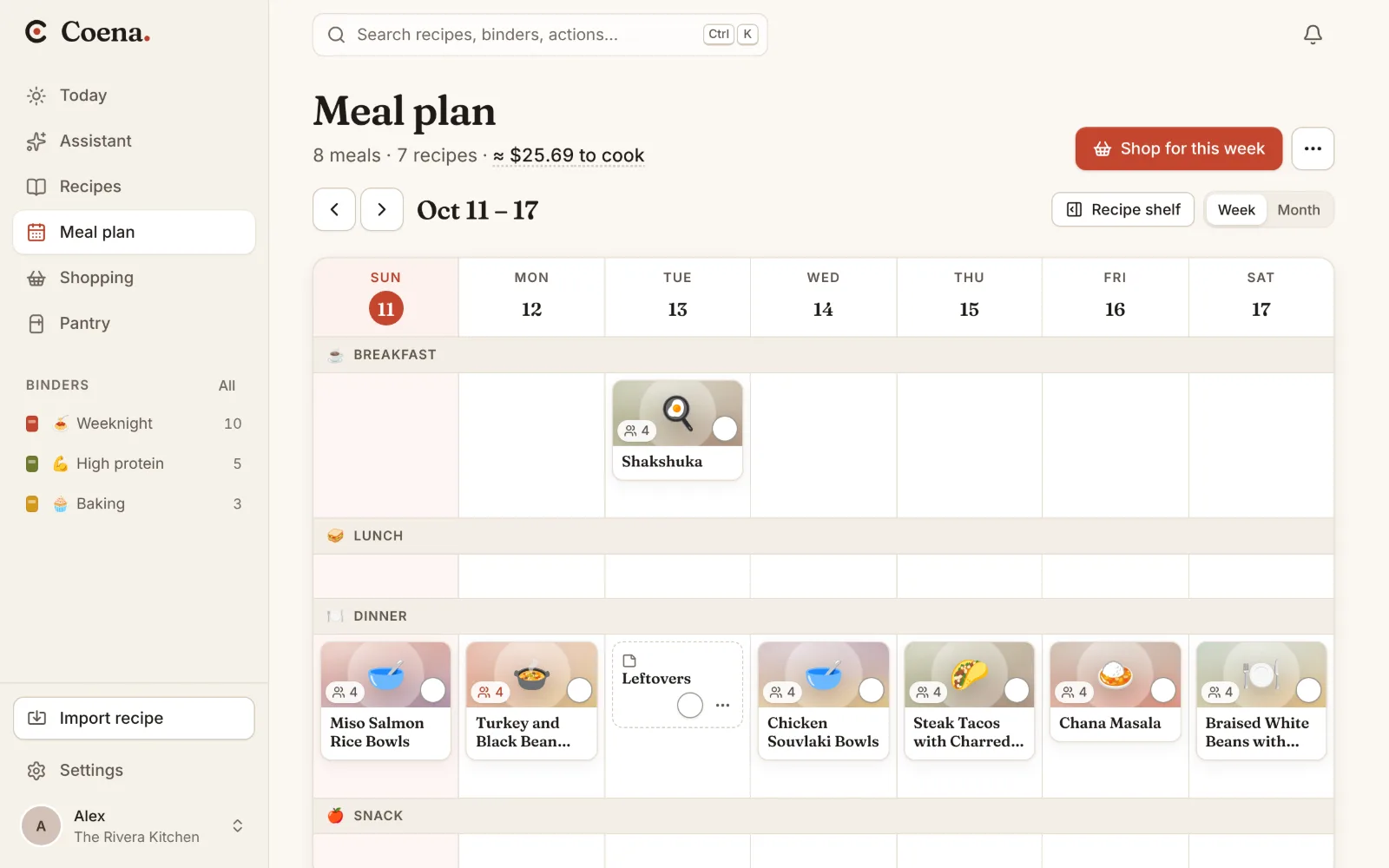 The meal planner's week board with dinners on each day