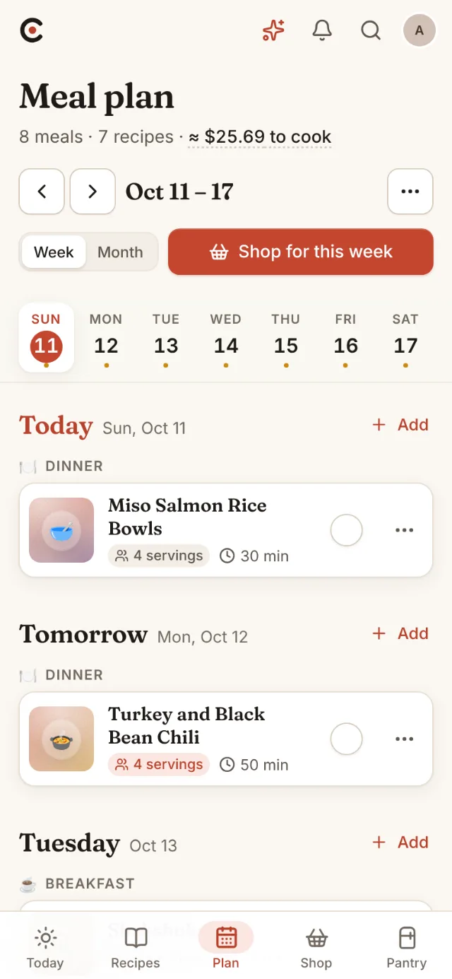 The meal planner's week board with dinners on each day