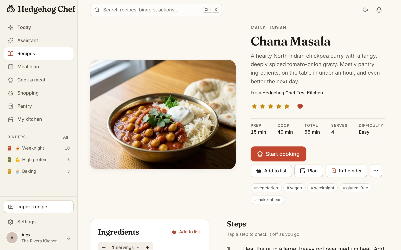 A recipe page with ingredients, scaling and steps