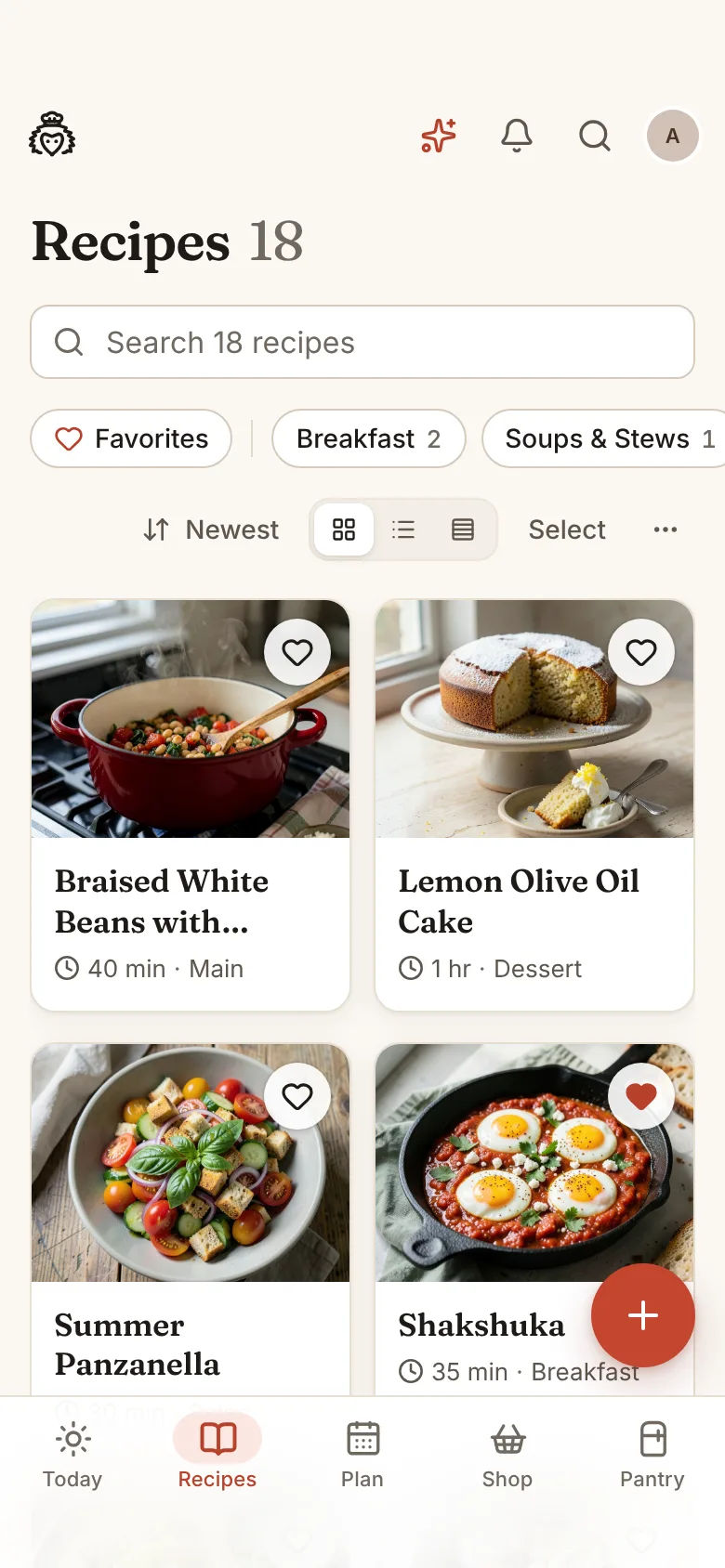 The recipe library with photos, filters and search