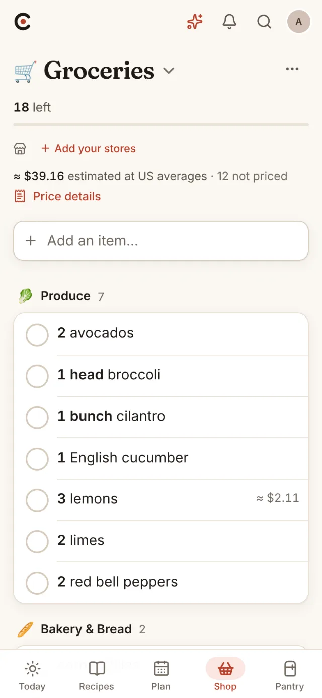 A shopping list grouped by store aisle