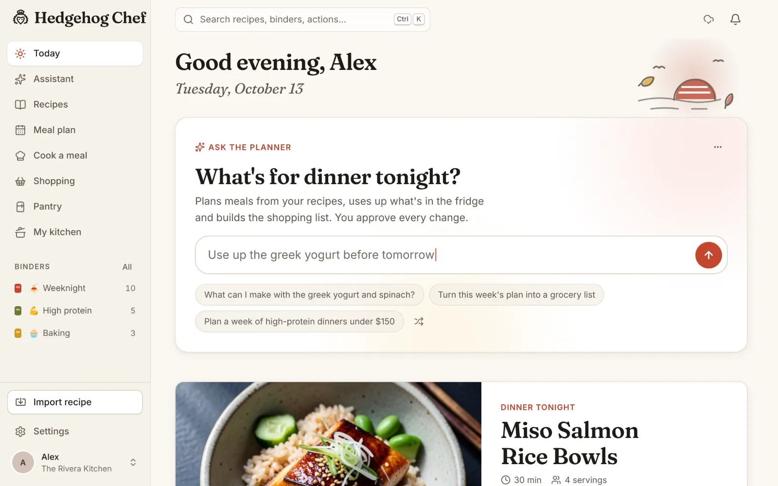 Hedgehog Chef's Today page: tonight's dinner, the week ahead and quick actions