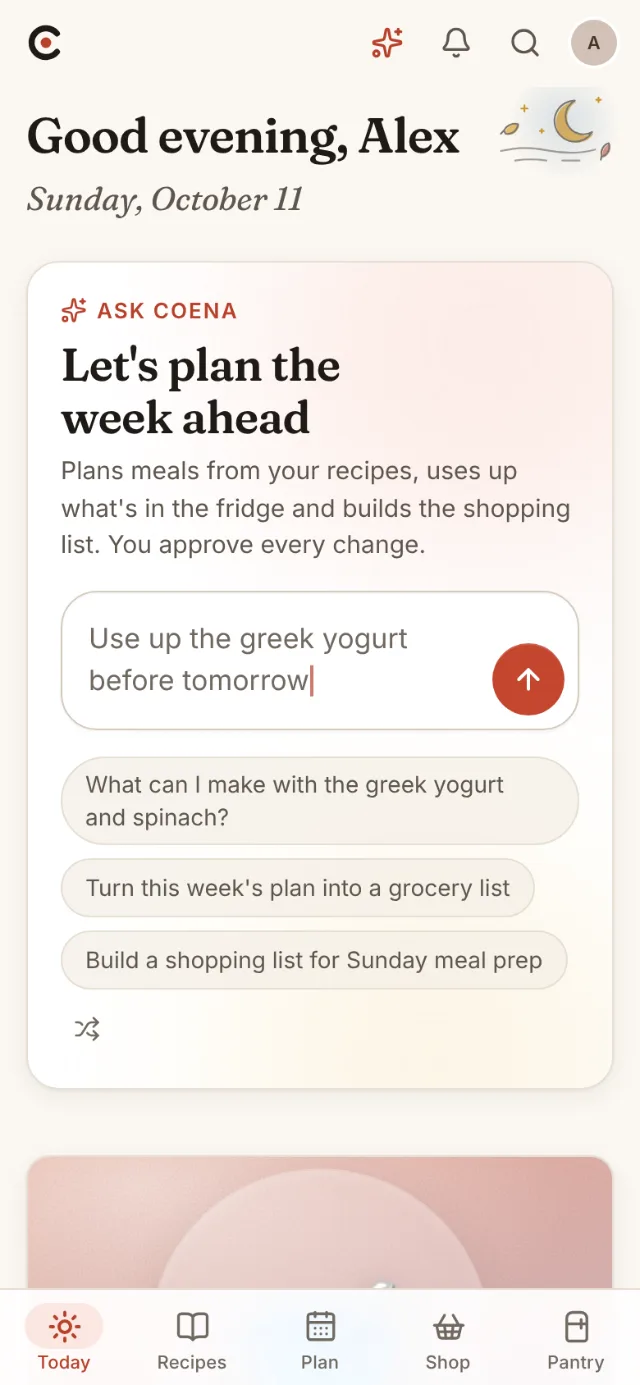 Hedgehog Chef's Today page: tonight's dinner, the week ahead and quick actions